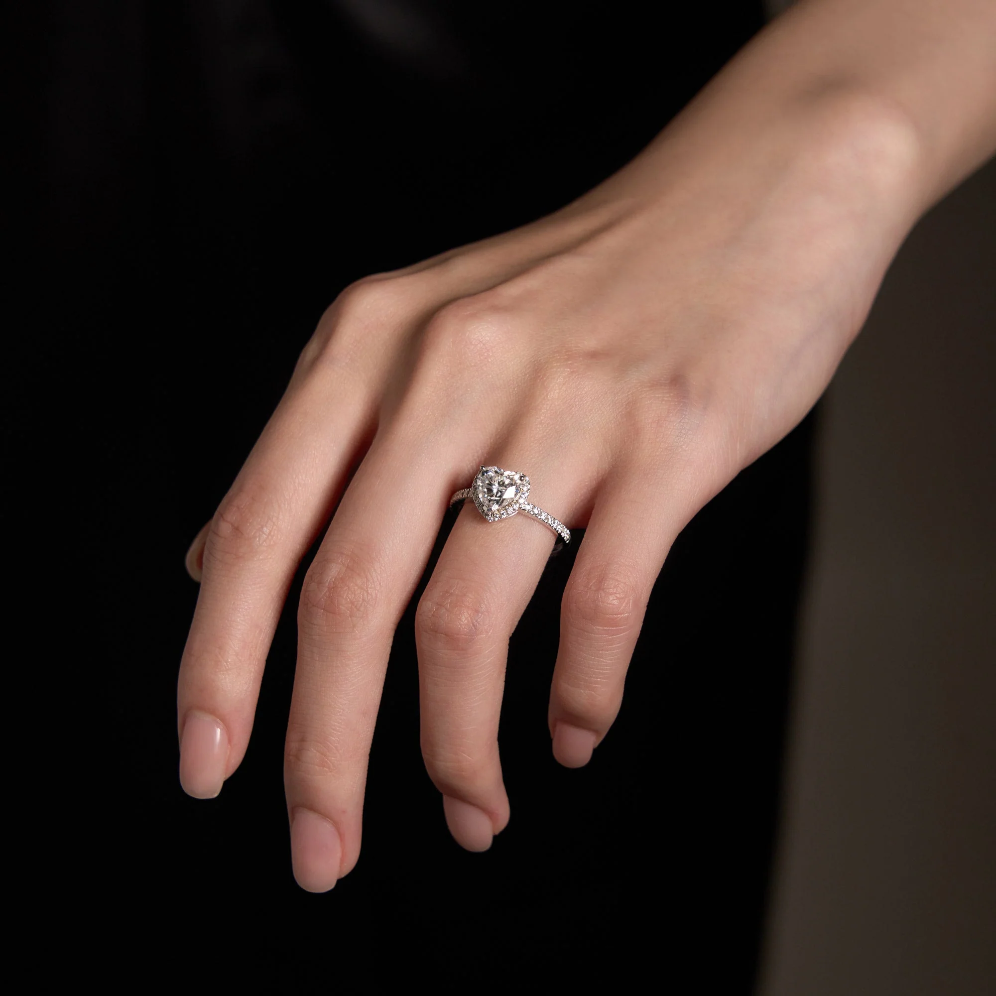 Heart Moissanite Halo Ring with Pavé Band - Image 9
